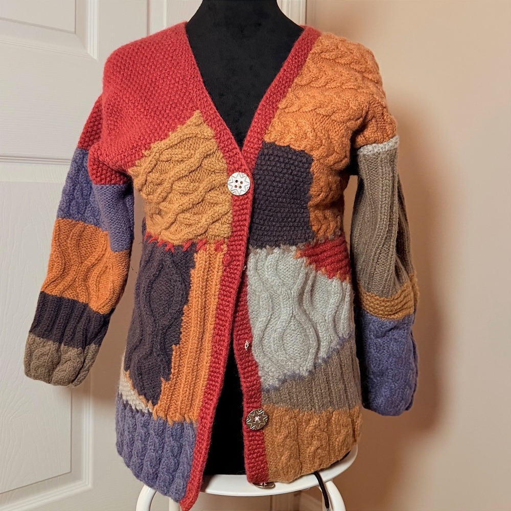 VTG 90s Marisa Canvas Fall Sweater Cardigan 100% Wool Patchwork SZ M Y2K